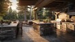 a stone patio with an outdoor kitchen for outdoor parties in a Horizontal format, in an Architectural-themed, photorealistic illustration in JPG. Generative ai