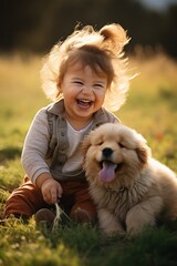 toddler giggling as she plays with a tiny puppy, the two of them rolling around on the grass