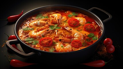 Canvas Print - Thai Food Tom Yum Seafood, Tom Yum Kung Creamy spicy soup Hot Pot.