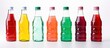 On a white background, a colorful carbonated beverage bottle made of plastic stands isolated. It contains a variety of sweeteners, flavorings, and sugar, making it a popular choice among those who