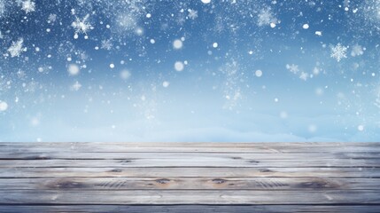 Wall Mural - snow background light floor cold empty blue wooden space white table xmas top counter plank season wood card january frost falling concept - stock image