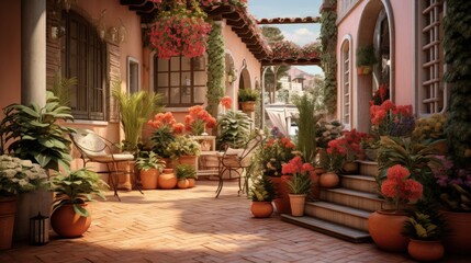 Wall Mural - Large terrace of a single-family house with clay floors and many potted plants