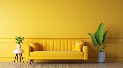 Aufkleber - Wall mock up in warm tones with yellow sofa and decoration minimal.3d rendering