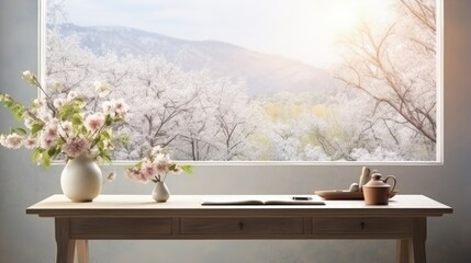 Poster - Wooden desk of free space and spring landscape