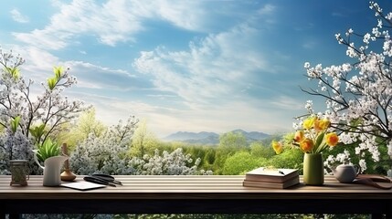 Poster - Wooden desk of free space and spring landscape