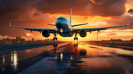 Poster - passenger plane fly up over take-off runway from airport at sunset