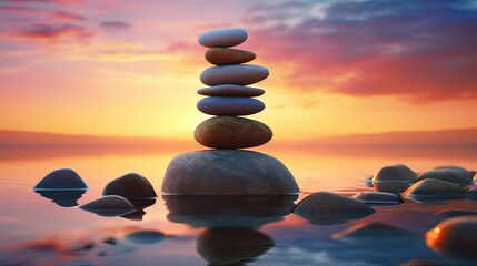 Poster - Vertical İmage, Stacking rocks on the beach, Balanced pebble pyramid silhouette at sunset. Zen stones on the beach, meditation, spa, harmony, calmness, balance concept.