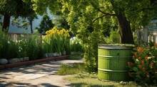 A Green Rain Barrel To Collect Rainwater And Reusing It To Water The Plants And Flowers In A Backyard With A Wattle Fence Made Of Willow Branches On A Sunny Day