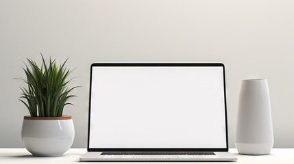 Poster - Front view on blank white laptop display on white table with stylish vase, lamp and smartphone. Mock up. 3D rendering