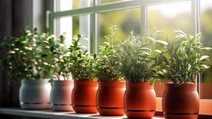 Poster - Different aromatic potted herbs near window indoors, closeup. Space for text