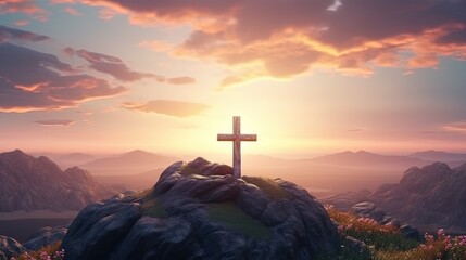 Poster - Easter and Good Friday concept, Empty tombstone with cross on mountain sunrise background