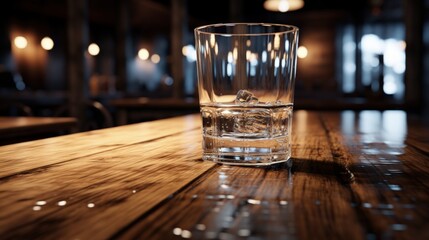 Canvas Print - Water flows into a glass placed on a wooden bar.