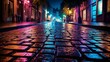 an image of city lights casting reflections on a cobblestone street during a festival