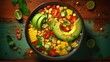 Vegetable quinoa soup, stew with avocado, corn, beans. South American traditional dish. Close up. Top view.
