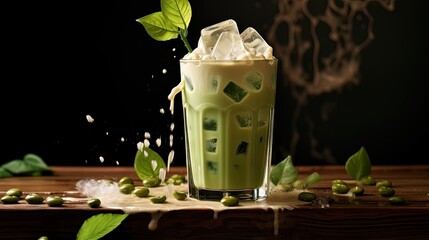 Leinwandbilder - Soy milk pouring in matcha ice tea. Healthy vegan drink