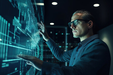 Wall Mural - Engineer with eyeglasses uses augmented reality to analyze information, gesturing on a holographic display in a dark hi-tech lab setting. 