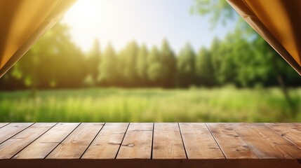 Poster - Wooden table top on blur tent camping travel tent and grass field. Fresh and Relax concept. For montage product display or design key visual layout. View of copy space.
