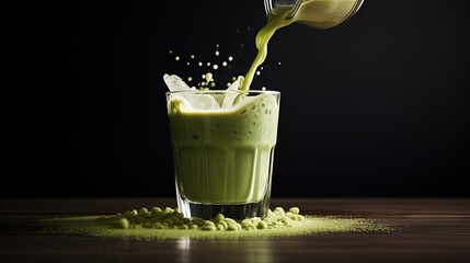 Leinwandbilder - Soy milk pouring in matcha ice tea. Healthy vegan drink