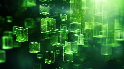 Green components integrating into action. Green technology concept abstract. Green cubes floating in formation. Shallow depth of field. 3D illustration, 3D rendering.
