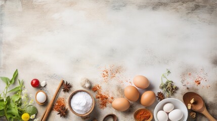 Sticker - Cooking And Baking Ingredients Utensils On White Concrete Background. Kitchen Food Frame. Eggs Sugar Milk Whisker Rolling Pin And Measuring Spoons With Spices