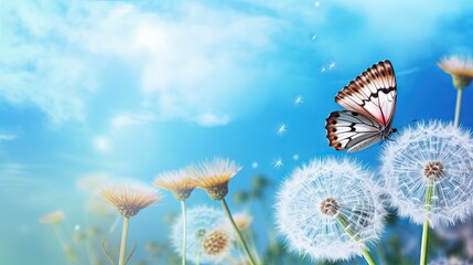 Aufkleber - Natural pastel background. Morpho butterfly and dandelion. Seeds of a dandelion flower on a background of blue sky with clouds. Copy spaces