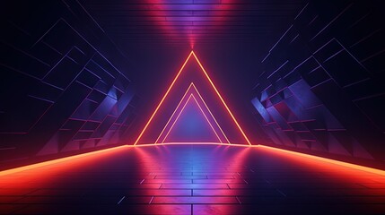 Aufkleber - 3d Render. Geometric figure in neon light against a dark tunnel. Laser glow. Neon backgrounds