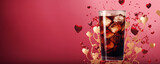 delicious cold brew and hearts on pink background, valentine's day theme, coffee shop advertisement