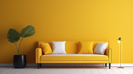 Sticker - Wall mock up in warm tones with yellow sofa and decoration minimal.3d rendering