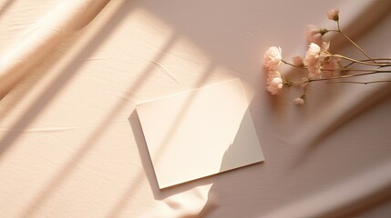 Poster - Elegant minimalist business brand template, empty paper card and envelope with floral sunlight shadows on a neutral beige textile background, aesthetic mock up, flat lay with copy space