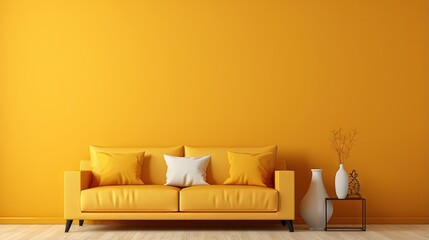 Aufkleber - Wall mock up in warm tones with yellow sofa and decoration minimal.3d rendering