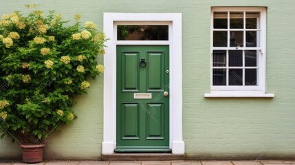 Poster -  a green door with a potted plant next to it and a window on the side of a green building with a white frame and white trim around the door.