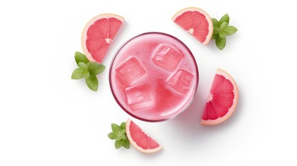Aufkleber - Pink cocktail with vodka, grapefruit and ice, soft cocktail, refreshing summer drink, isolated on white, top view