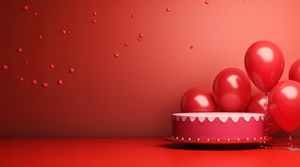 Poster - Red color cylinder shape and heart shape balloons on red background, Valentine's Day background, Product display Pedestal, Podium, Stand, 3D Rendering.