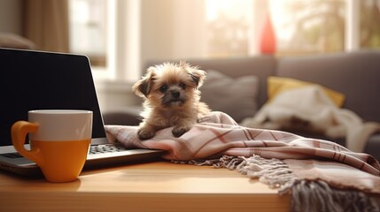 Poster - Home office concept. Designated work from home area in living room. Modern laptop and cup of hot beverage on wooden table. Adorable doggy sitting alone on the couch. Close up, copy space, background.