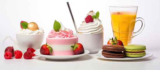 Sticker - In an isolated white background, the mouthwatering display of food and coffee includes a decadent chocolate white cake, green and orange colored strawberry lemon candy, and a pink colorful bakery