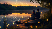 Couple In Love On The Beach Or Riverside, Watching The Night Sky And Water With Firefly Lights. Sunset, Night, Stars. Dreamlike