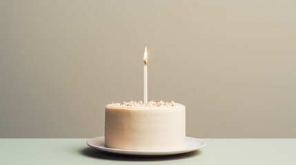 Poster -  a white cake sitting on top of a white plate with a single candle sticking out of the top of it on top of a green counter top of a table.