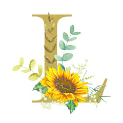 Floral Alphabet - Letter L. The alphabet letters are a muted gold color, decorated with watercolor flowers of sunflower, eucalyptus and various herbs. Wedding, birthday, children's party