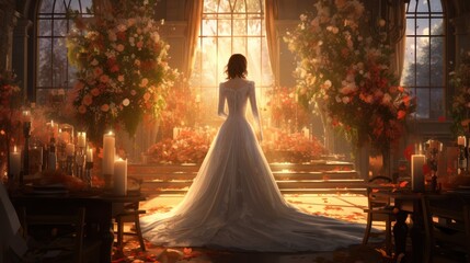 Poster -  a painting of a woman in a wedding dress standing in front of a set of stairs with flowers and candles on either side of her, looking out of a window.