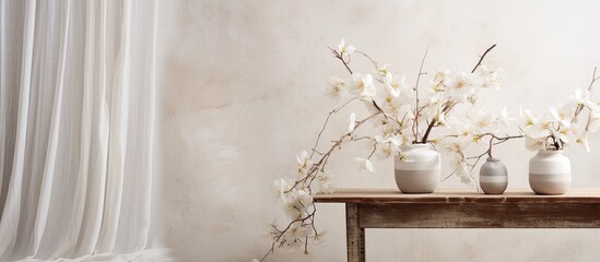 Sticker - In the serene space, a vintage wooden texture adorned with a delicate flower design brings an old-world charm to the natural, white-themed décor, tying in with the artful bamboo rope embellishments