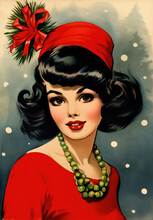 Retro 1960's Postcard Of Woman With Black Hair, Red Hat And Dress With Christmas Decorations On Background