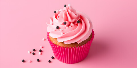 Wall Mural - Delicious vanilla cupcake with pink frosting and sprinkles on top, pink background with copy space 