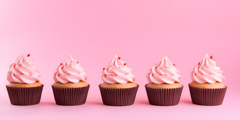 Wall Mural - Delicious vanilla cupcakes with pink frosting and sprinkles on top, pink background