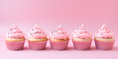 Wall Mural - Delicious vanilla cupcakes with pink frosting and sprinkles on top, pink background