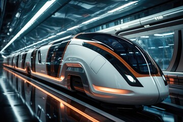 Wall Mural - Futuristic bullet train or hyperloop ultrasonic train capsule with full self driving system activated in the city