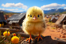Idea For A Card Or Letter With Happy Easter, Spring Rebirth Of Life, 3D Illustration Of A Yellow Chicken Looking In The Objective Background Of An Old Farm