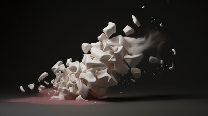 Sticker -  a pile of marshmallows sitting on top of a pink counter top next to a black background with a white smoke coming out of the top of the marshmallows.