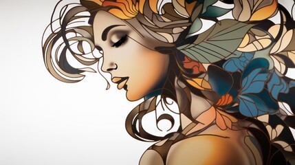 Poster -  a digital painting of a woman's face with flowers and leaves on the side of her face and behind her head is a white background with a white backdrop.