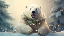 Cheerful Polar Bear Sits Wrapped In A Christmas Garland. Ai Generative