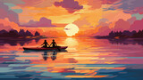 Fototapeta Zachód słońca - A serene image of a couple canoeing on a calm lake at sunset, reflecting the beauty of nature and companionship.